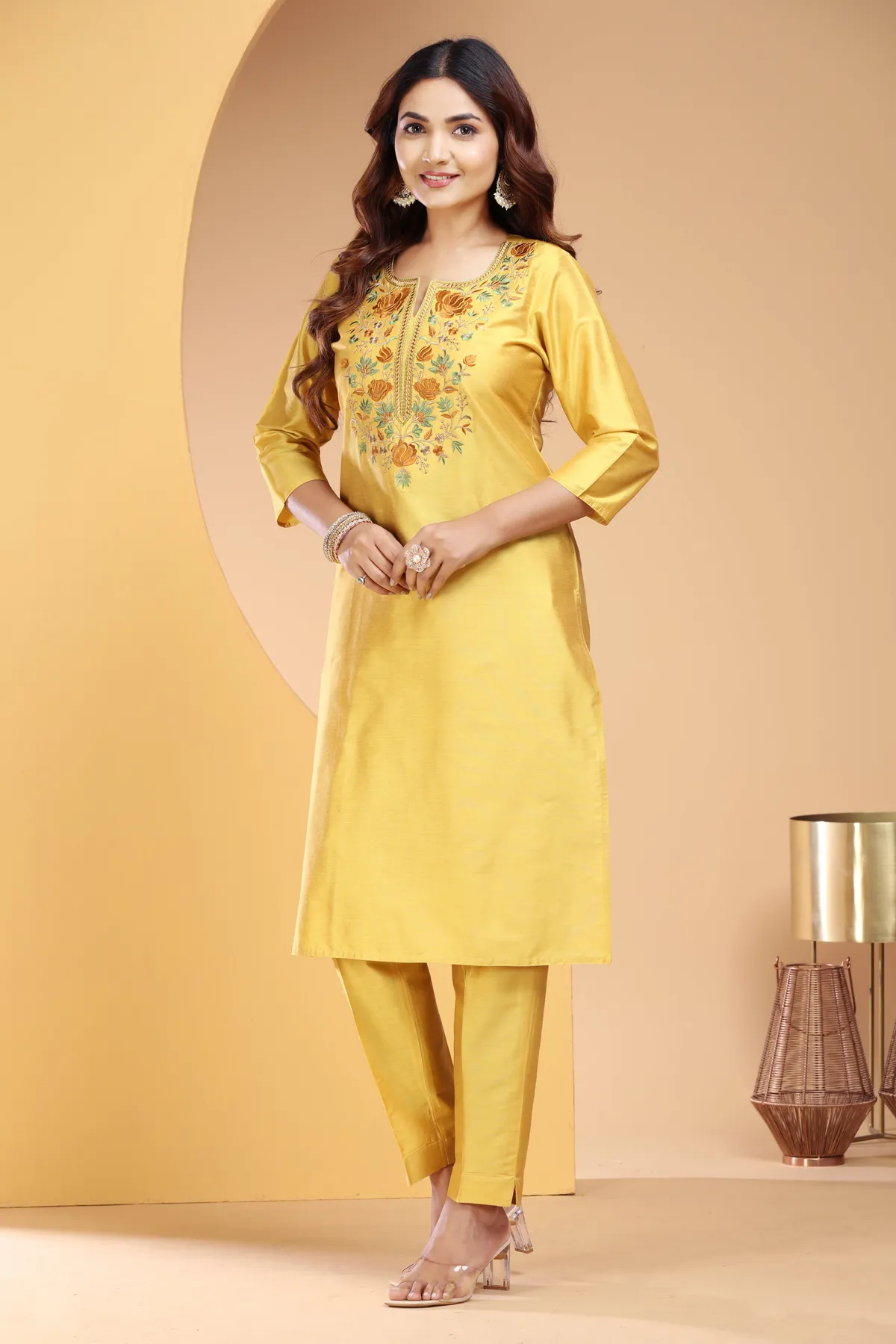 Yellow PolySilk Embroidered Straight Kurta and Pant Set