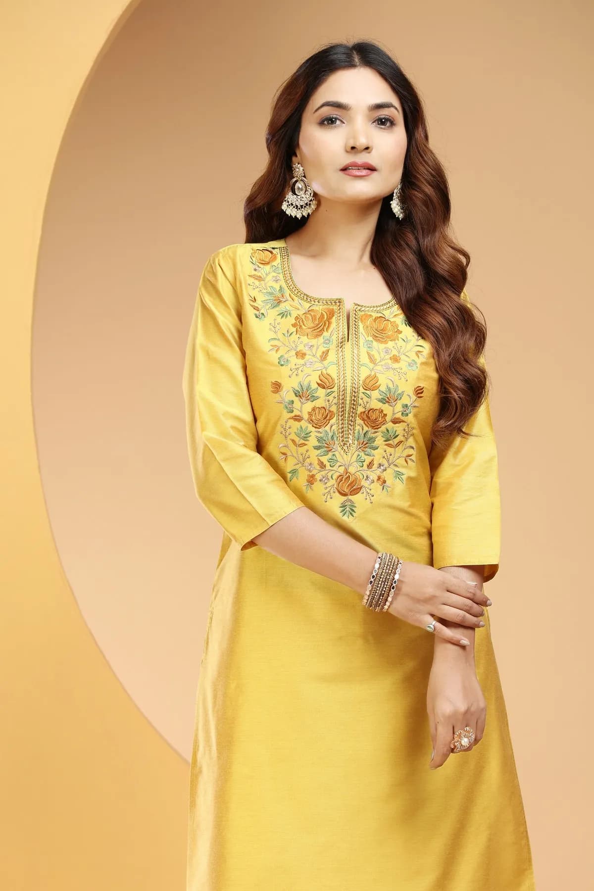 Yellow PolySilk Embroidered Straight Kurta and Pant Set