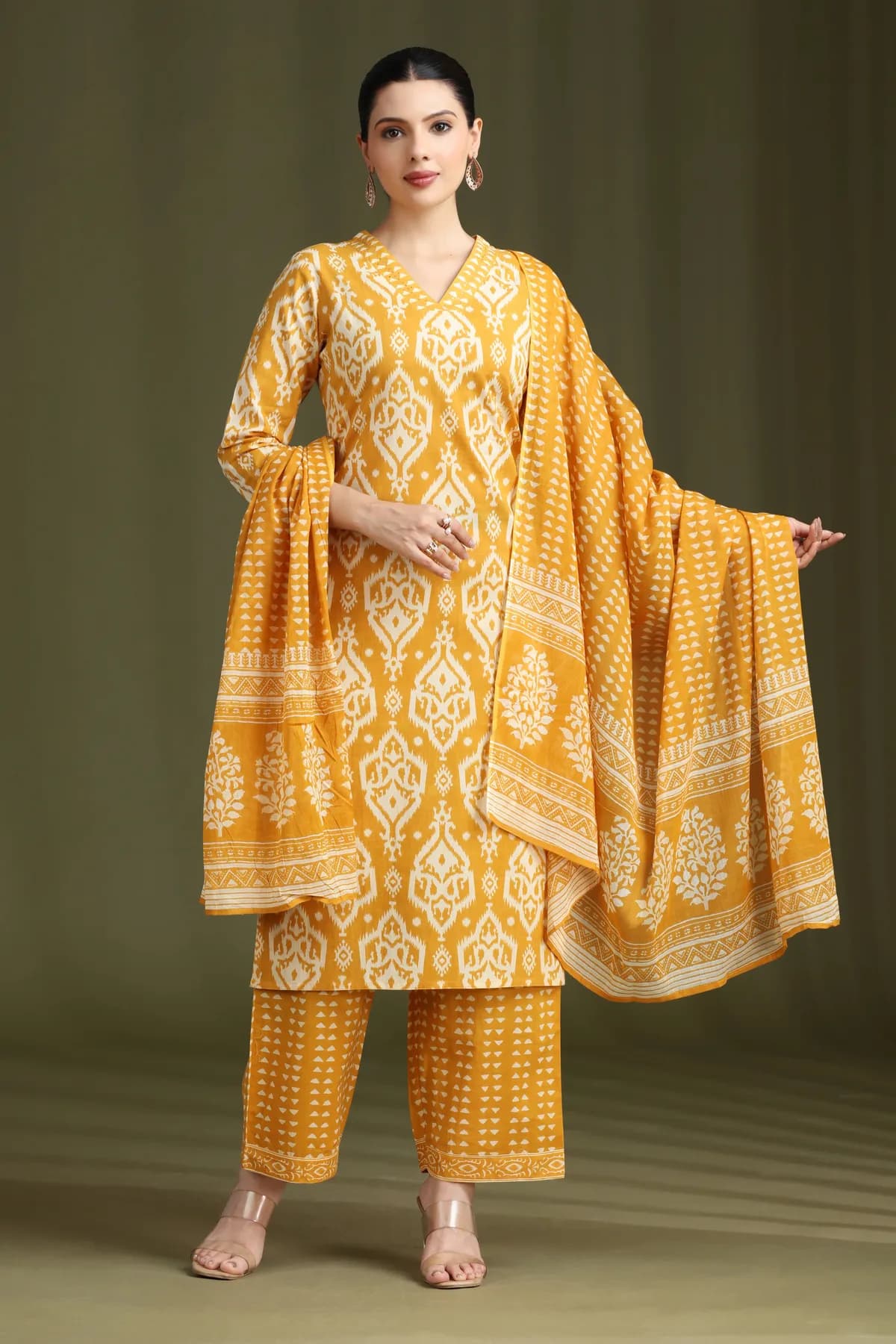 Yellow Printed Straight Cotton Ethnic Set - Barkha Boutique Kishangarh