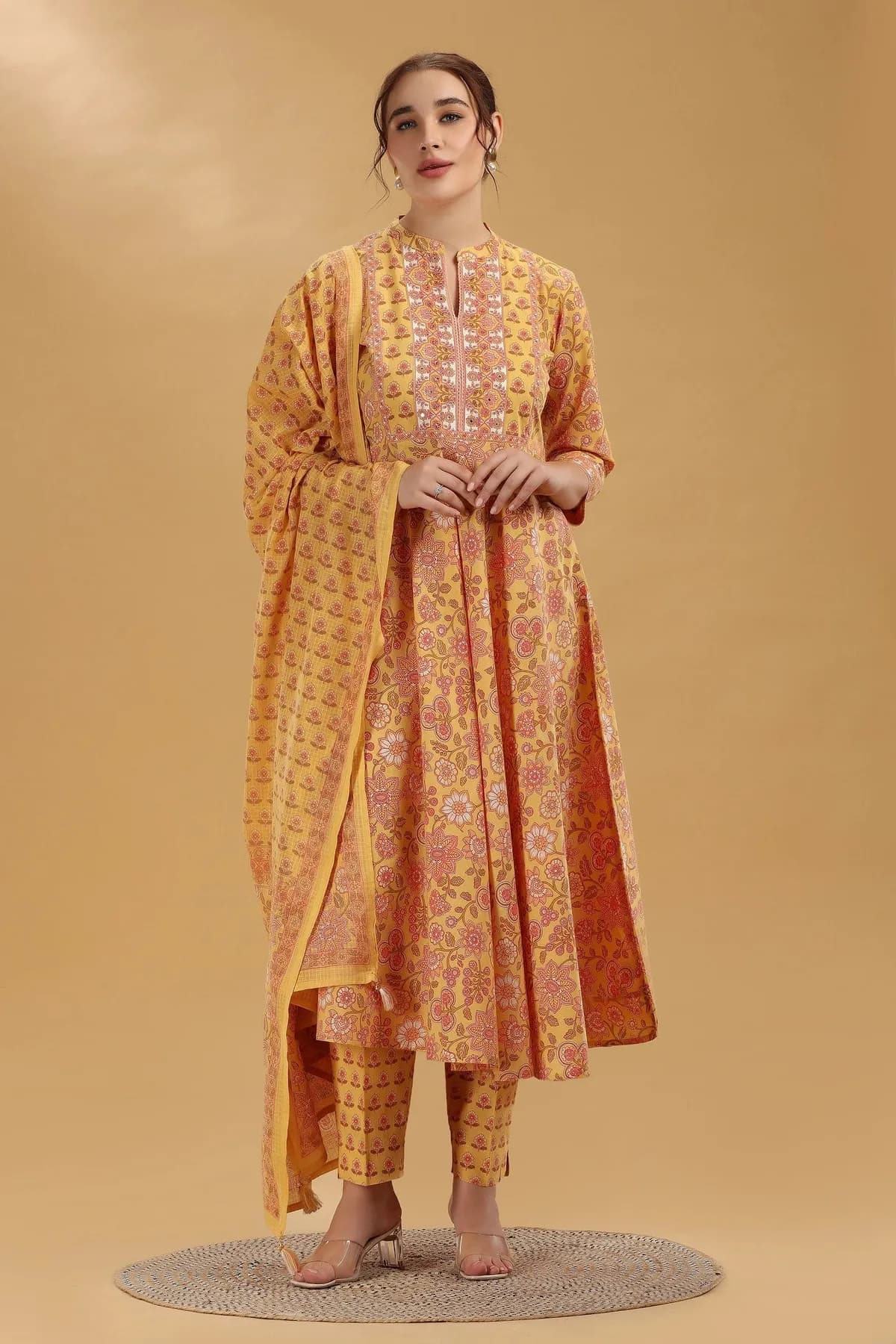 Yellow Printed Jaipuri Cotton A Line Kurta Pant and Dupatta Suit Set - Barkha Boutique Kishangarh