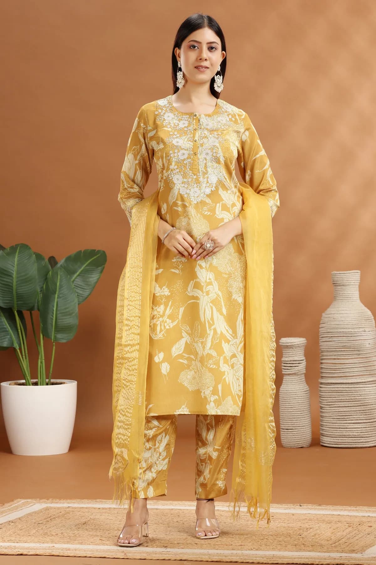 Yellow Roman Silk Embroidered Kurta Pant Suit Set - Barkha Boutique Kishangarh