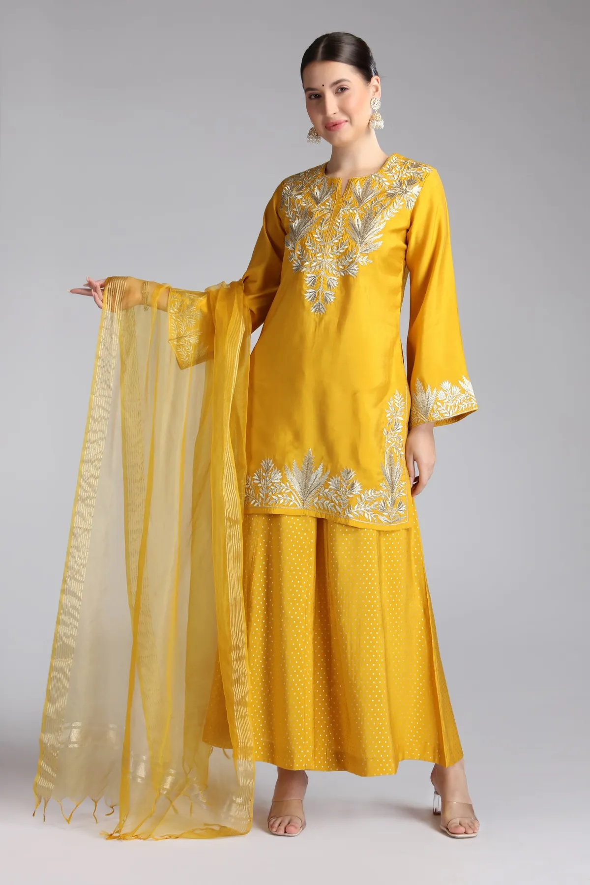 Yellow Roman Silk Embroidered Straight Kurta and Dupatta Suit Set - Barkha Boutique Kishangarh