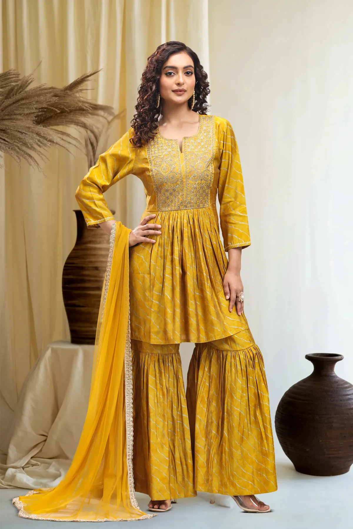 Yellow Roman Silk Gathered Kurta Sharara Suit Set - Barkha Boutique Kishangarh