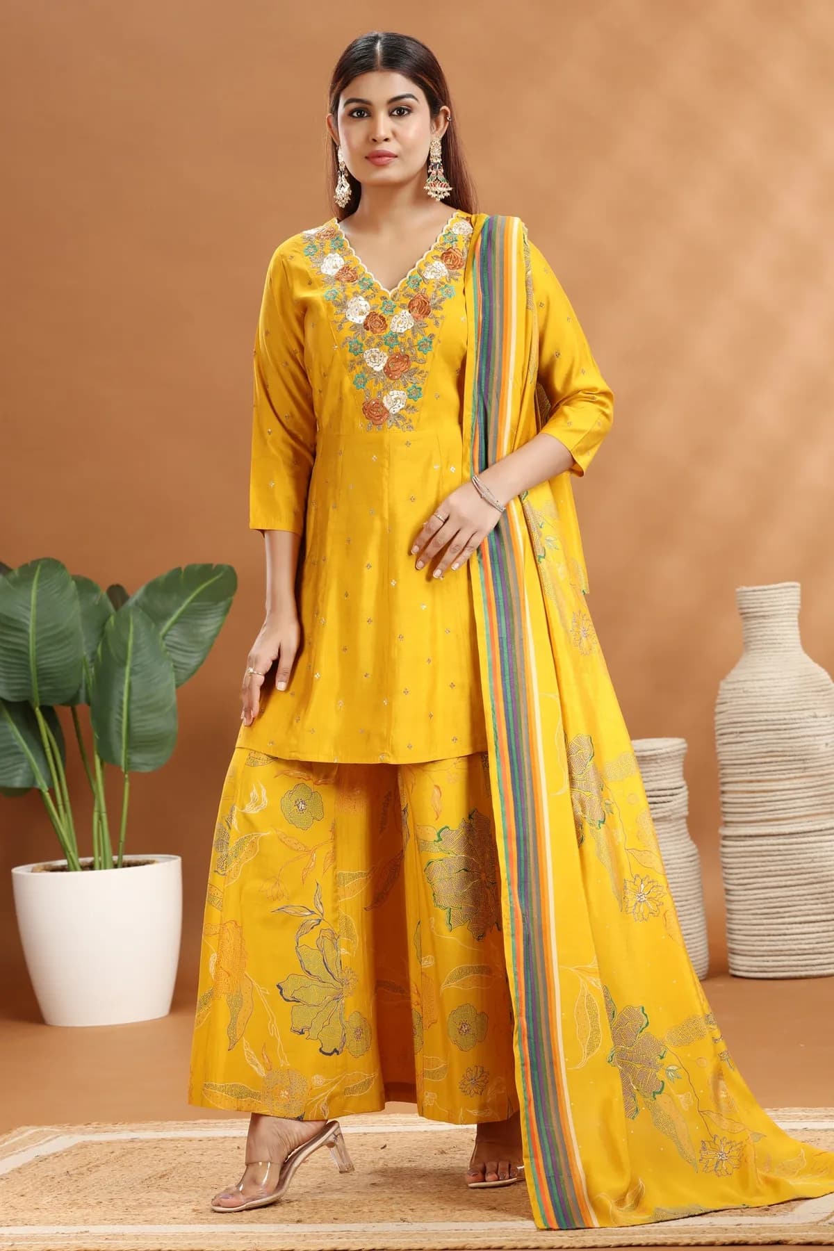 Yellow Roman Silk Straight Embroidered Kurta Sharara Suit Set - Barkha Boutique Kishangarh