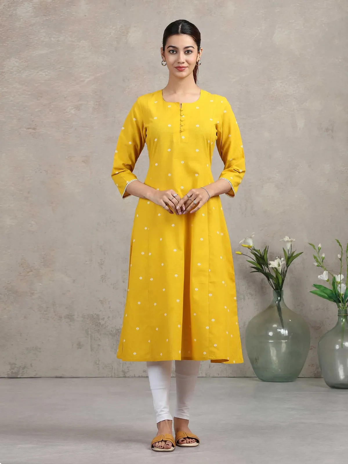 Yellow Yarn-dyed A-Line Kurta - Barkha Boutique Kishangarh